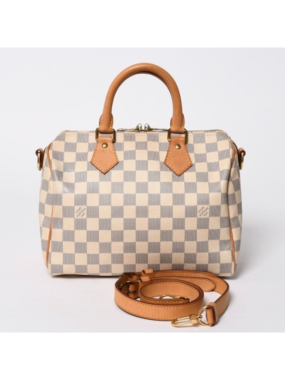 Louis Vuitton Damier Azur Speedy Bandouliere 25 Vachetta Leather White Gold